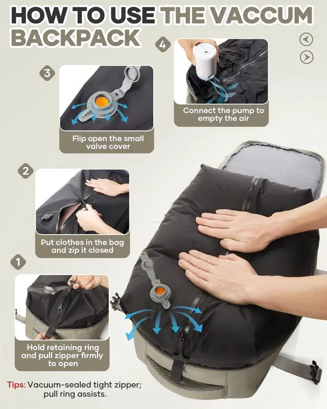 Alt view image 2 of 5 - KEYEMP Vacuum Seal Backpack for Clothing Travel with Air Pump Waterproof Laptop Carry On Backpack Personal item Travel Essentials Compression Space Saver Bags Storage with Vacuum System GreyBrown