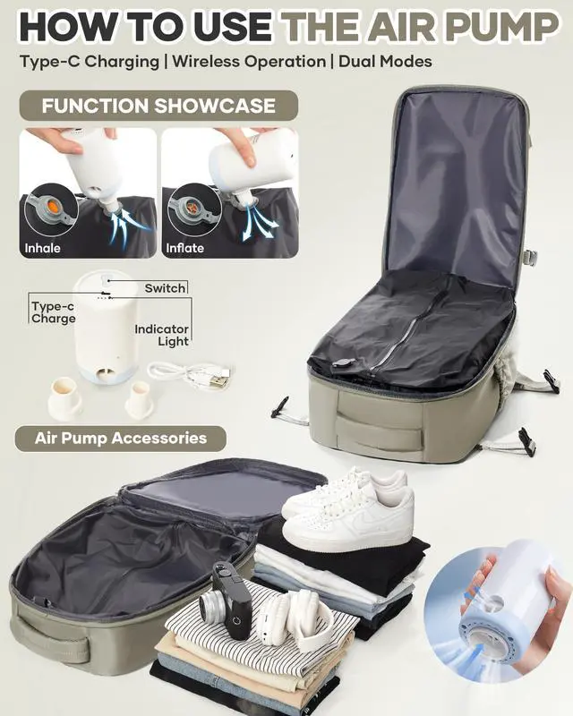 Alt view image 3 of 5 - KEYEMP Vacuum Seal Backpack for Clothing Travel with Air Pump Waterproof Laptop Carry On Backpack Personal item Travel Essentials Compression Space Saver Bags Storage with Vacuum System GreyBrown