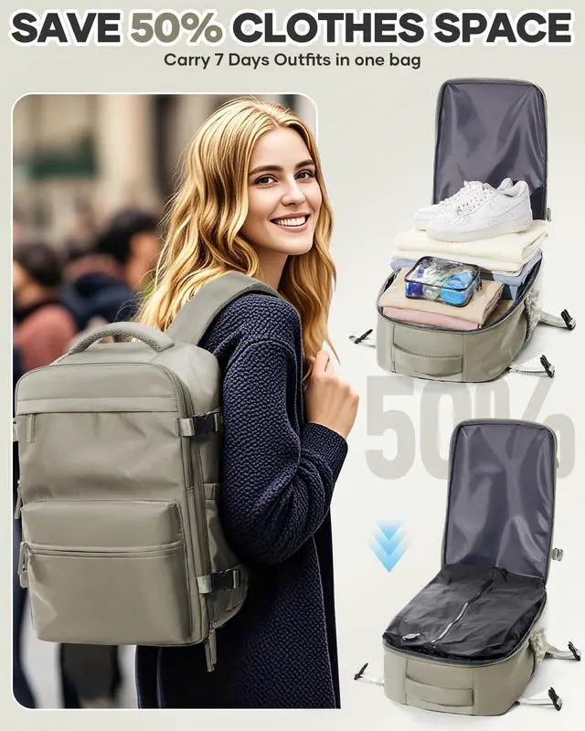 Alt view image 4 of 5 - KEYEMP Vacuum Seal Backpack for Clothing Travel with Air Pump Waterproof Laptop Carry On Backpack Personal item Travel Essentials Compression Space Saver Bags Storage with Vacuum System GreyBrown