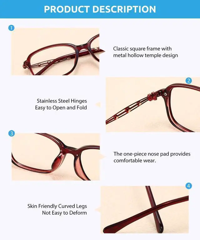 Alt view image 5 of 5 - Firmoo Rectangle Blue Light Glasses for Women, Hollow Accent Lightweight Metal Blue Light Blocking Glasses for Computer, TV, S8823