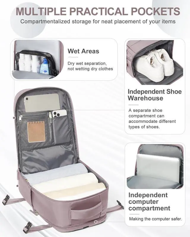 Alt view image 3 of 5 - coowoz Travel Backpack Carry On for Women Man Gym Backpacks with Laptop Compartment Mochila de Viaje Teacher Personal Item Backpack Rucksack Airplane Accessories Must Haves Lotus Pink Small