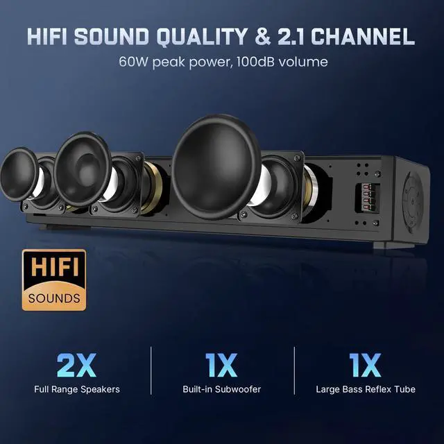 Alt view image 2 of 5 - Wohome 2.1 Computer Speakers for Desktop PC, Bluetooth 5.3 Computer Sound Bar with HiFi Sound, 7 RGB Light Modes, DC Powered Laptop Speakers with 3.5mm AUX-in/USB Connected for Game, Music and Movie