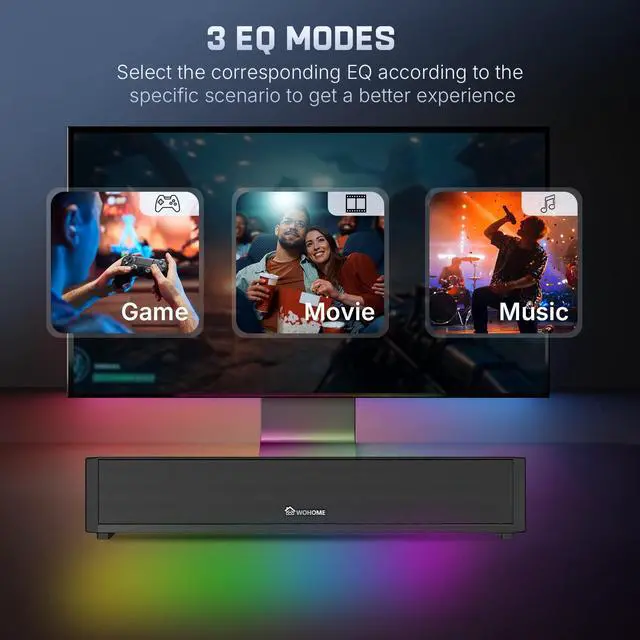 Alt view image 4 of 5 - Wohome 2.1 Computer Speakers for Desktop PC, Bluetooth 5.3 Computer Sound Bar with HiFi Sound, 7 RGB Light Modes, DC Powered Laptop Speakers with 3.5mm AUX-in/USB Connected for Game, Music and Movie