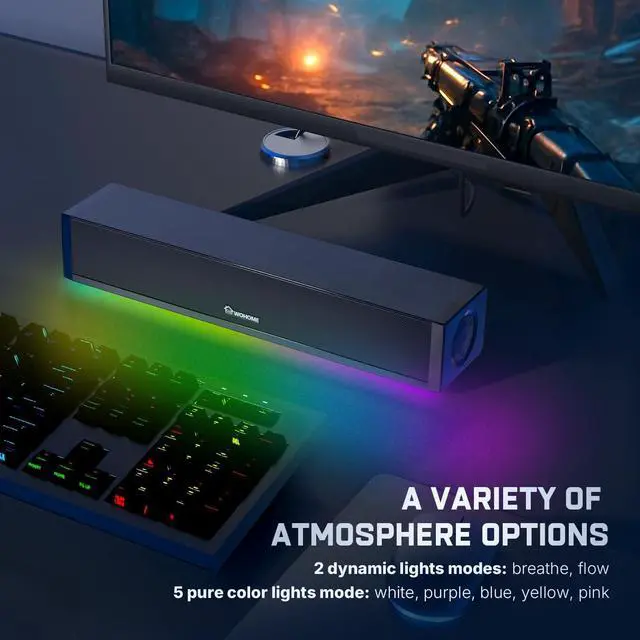 Alt view image 5 of 5 - Wohome 2.1 Computer Speakers for Desktop PC, Bluetooth 5.3 Computer Sound Bar with HiFi Sound, 7 RGB Light Modes, DC Powered Laptop Speakers with 3.5mm AUX-in/USB Connected for Game, Music and Movie