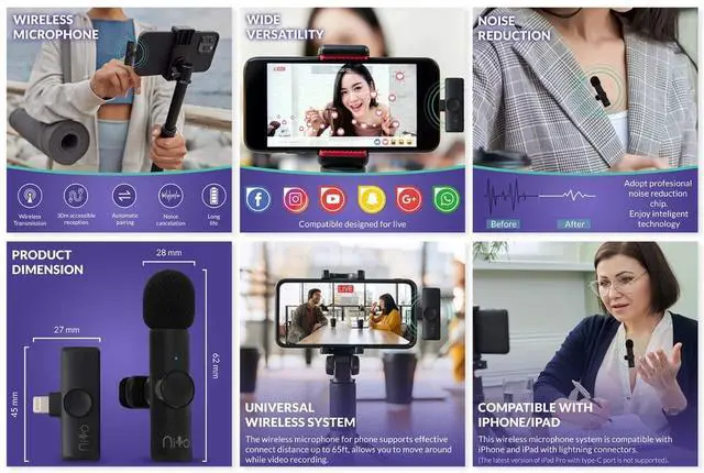 Alt view image 2 of 5 - Niyo Wireless Lapel Microphone - Professional Video Recording Mic, Lightweight lapel Mic for iPhone, Noise Reduction Clip-on Microphones for Video Bloggers, Interviewers, Content Creators (Pink)