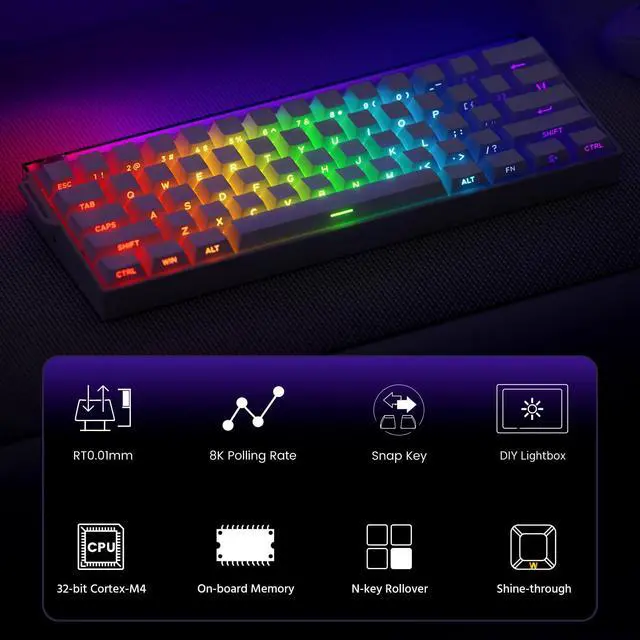 Alt view image 2 of 5 - VEEKOS Shine60 Rapid Trigger Wired Gaming Keyboard Shine-Through SP White Hall Effect Keyboard Flash Magnetic Switch