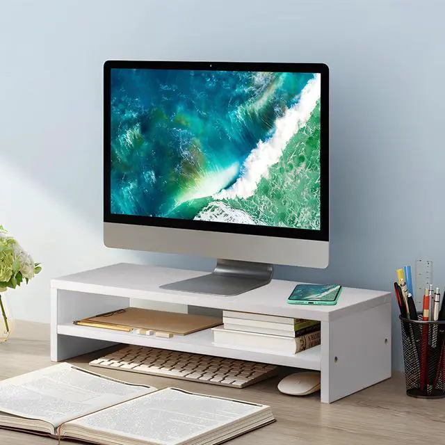 Alt view image 2 of 5 - hcreat Monitor Stand Riser, 2 Tier Computer Stand, Desk Organizers and Accessories, Desktop Shelf with Storage for TV Screen PC Printer (White-18.9inch)