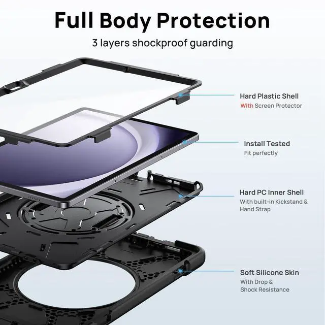 Alt view image 2 of 5 - Gerutek Case for Samsung Galaxy Tab A9+/ A9 Plus Case 11" 2023, Full-Body Drop Protection Shockproof Cover with Screen Protector, 360° Rotating Stand, Hand/Shoulder Strap, Pencil Holder, Black