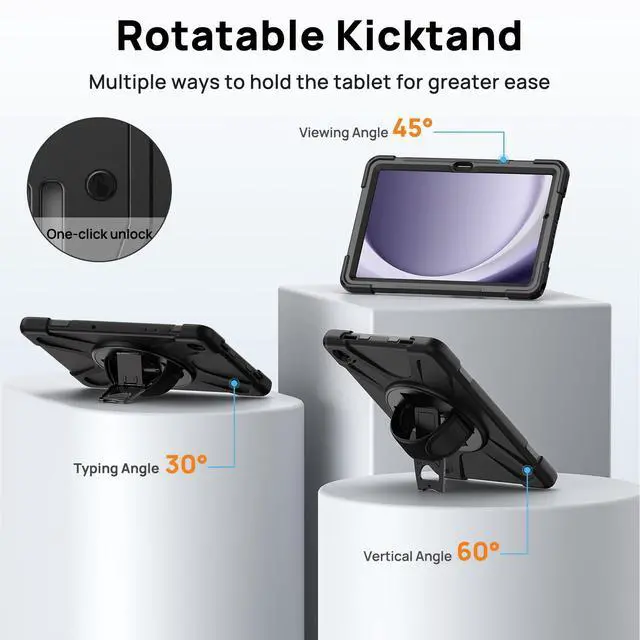 Alt view image 4 of 5 - Gerutek Case for Samsung Galaxy Tab A9+/ A9 Plus Case 11" 2023, Full-Body Drop Protection Shockproof Cover with Screen Protector, 360° Rotating Stand, Hand/Shoulder Strap, Pencil Holder, Black