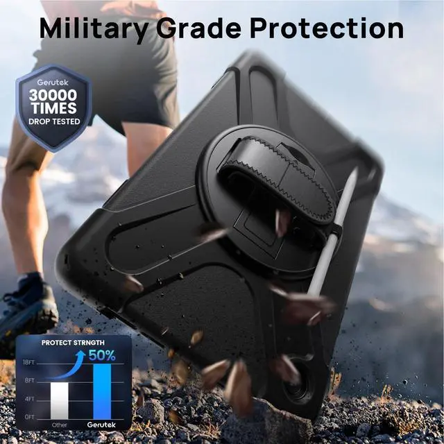 Alt view image 3 of 5 - Gerutek Case for Samsung Galaxy Tab A9+/ A9 Plus Case 11" 2023, Full-Body Drop Protection Shockproof Cover with Screen Protector, 360° Rotating Stand, Hand/Shoulder Strap, Pencil Holder, Black