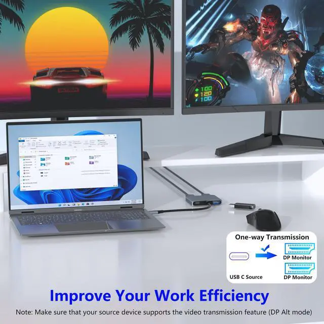 Alt view image 4 of 5 - DisplayPort Splitter for Dual Monitors, 4K@60Hz USB-C to DisplayPort Adapter, Type-C Docking Station for Dell/HP/Mac, Display Port MST Hub with USB3.0/PD, Display Port Splitter for Dual Monitors