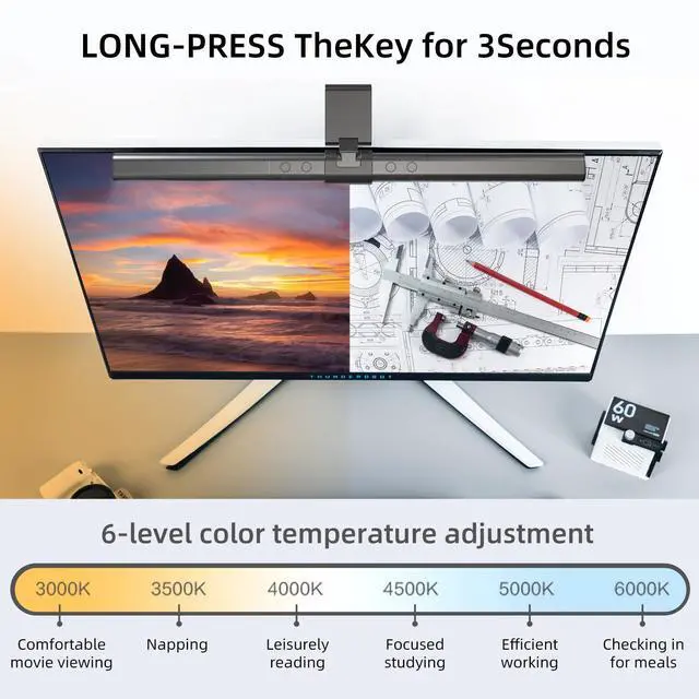 Alt view image 3 of 5 - Thunderobot L1 Computer Monitor Lamp, Ra95 Light for Eye Caring, Asymmetric Light Source, Ten-Level Dimming No Video Flicker Blue Light Safe E-Sports Desktop Reading Lamp
