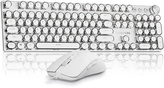 Main image of EWEADN Wired Typewriter keyboard and Mouse Combo, Typewriter Style Mechanical Gaming Keyboard,104 Keys Backlit LED Keyboards, Media Control Knob, Wired Keyboard Pink Switch for Windows/Mac/PC-White