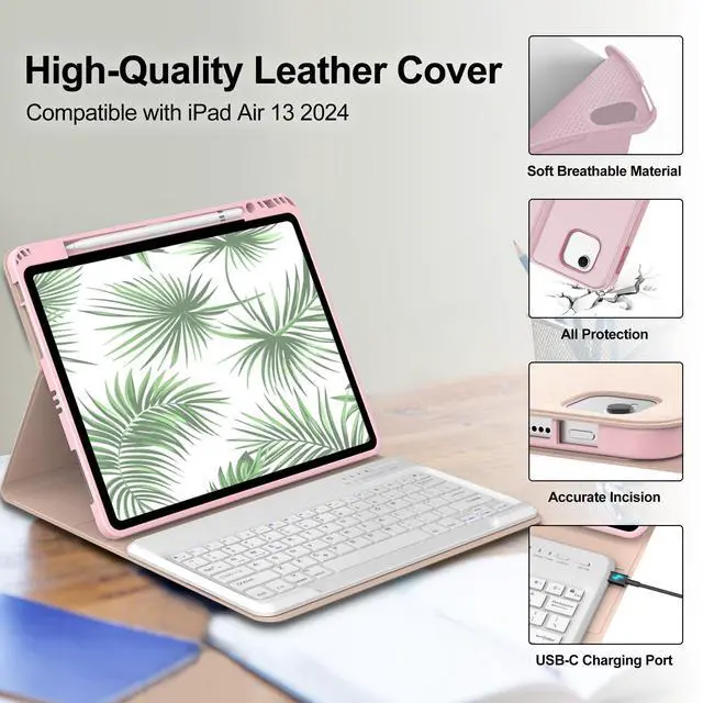 Alt view image 4 of 5 - iPad Air 13 inch Case Keyboard (M3 2025, M2 2024), Smart Key Board for iPad M2 13 Case with Pen Holder, Rechargeable Wireless Keypad for iPad Air 13'', Auto Sleep/Wake Case with Keyboard, Pink