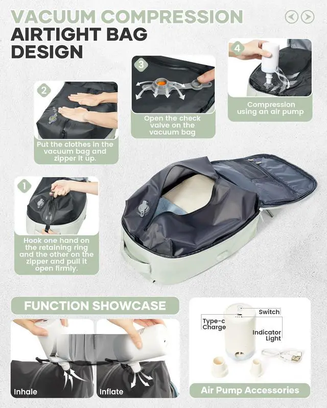 Alt view image 2 of 5 - Vacuum Seal Backpack for Travel with Air Pump Vacpack Carry on Flight Approved Compression Daypack Laptop Space Saver Bags Storage with Vacuum System 18x14x8 inches Travel Bag Women MintGreen