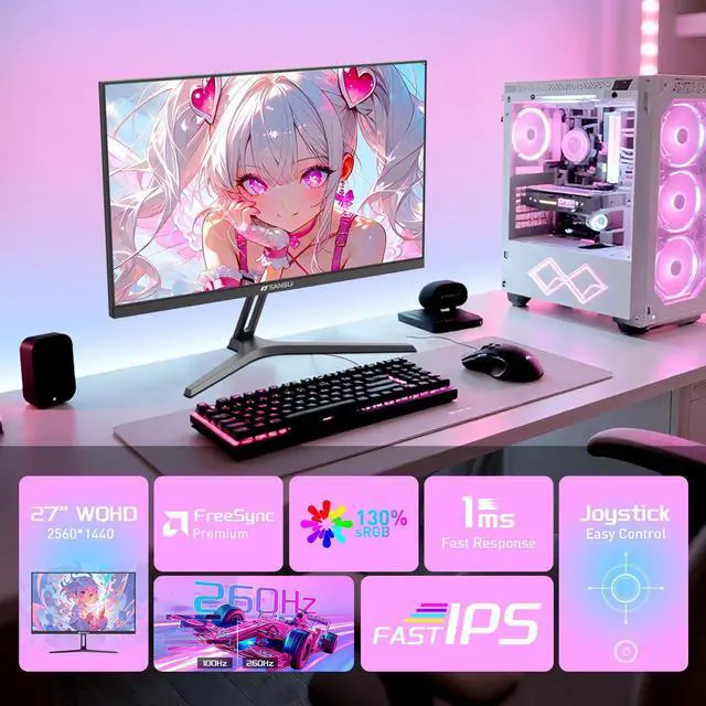 Alt view image 2 of 5 - SANSUI 27 Inch WQHD 1440p Gaming Monitor 240hz up to 260hz-Fast IPS 1ms FreeSync Premium DCI-P3 98% sRGB130% HDR10 2×DisplayPort 1.42×HDMI2.0 PC Gaming Monitor with Crosshair