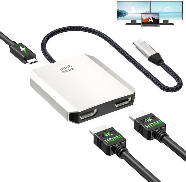 Main image of Minthouz USB C to Dual HDMI Adapter, USB c hub Dual 4K@60Hz Dual HDMI Output + 100W PD Power Delivery for MacBook Pro, Dell, HP, Surface, LG (MST is not Supported on MacOS)
