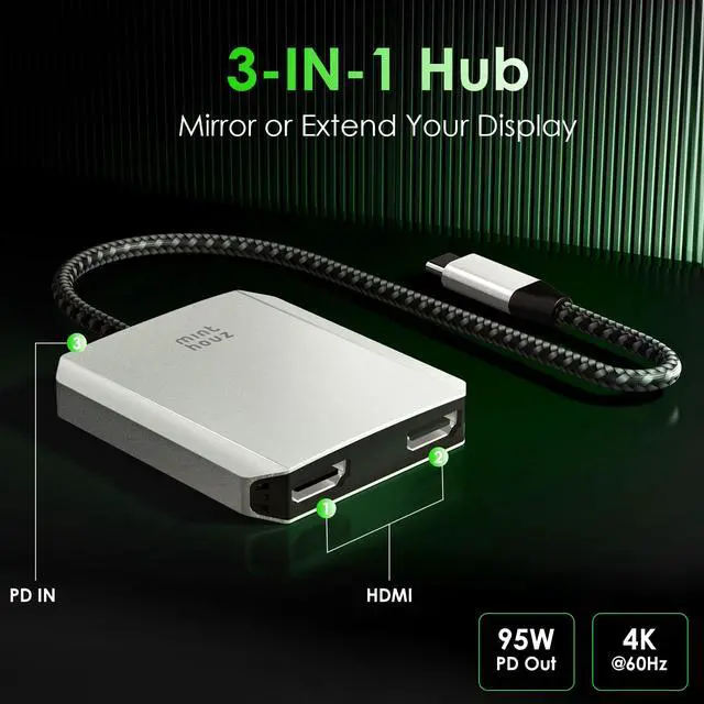 Alt view image 2 of 5 - Minthouz USB C to Dual HDMI Adapter, USB c hub Dual 4K@60Hz Dual HDMI Output + 100W PD Power Delivery for MacBook Pro, Dell, HP, Surface, LG (MST is not Supported on MacOS)
