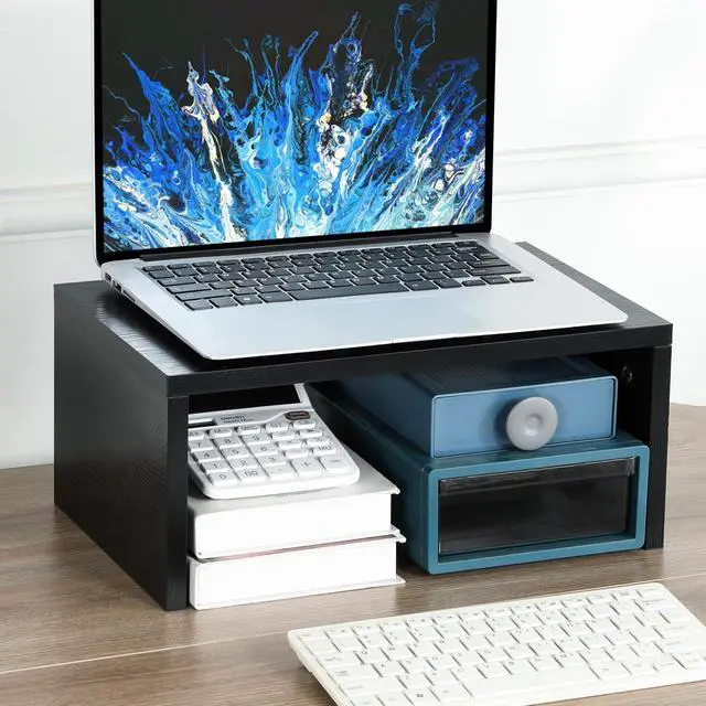 Alt view image 2 of 5 - TEAMIX 14.2 inch Monitor Stand Riser, Wood Monitor Riser with Storage for Desk Small Monitor Stand TV/Screen/PC/Laptop Riser Computer Stand Desktop Shelf (Black-Higher)