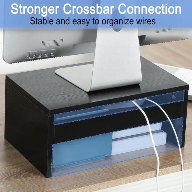 Alt view image 4 of 5 - TEAMIX 14.2 inch Monitor Stand Riser, Wood Monitor Riser with Storage for Desk Small Monitor Stand TV/Screen/PC/Laptop Riser Computer Stand Desktop Shelf (Black-Higher)