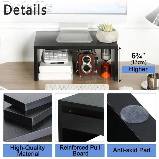 Alt view image 5 of 5 - TEAMIX 14.2 inch Monitor Stand Riser, Wood Monitor Riser with Storage for Desk Small Monitor Stand TV/Screen/PC/Laptop Riser Computer Stand Desktop Shelf (Black-Higher)