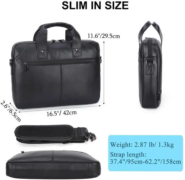 Alt view image 3 of 5 - Masa Kawa Mens Leather Slim Briefcase for 16" Laptop Black Waterproof Crossbody Shoulder Messenger Computer Bag for Business Travel Office Work
