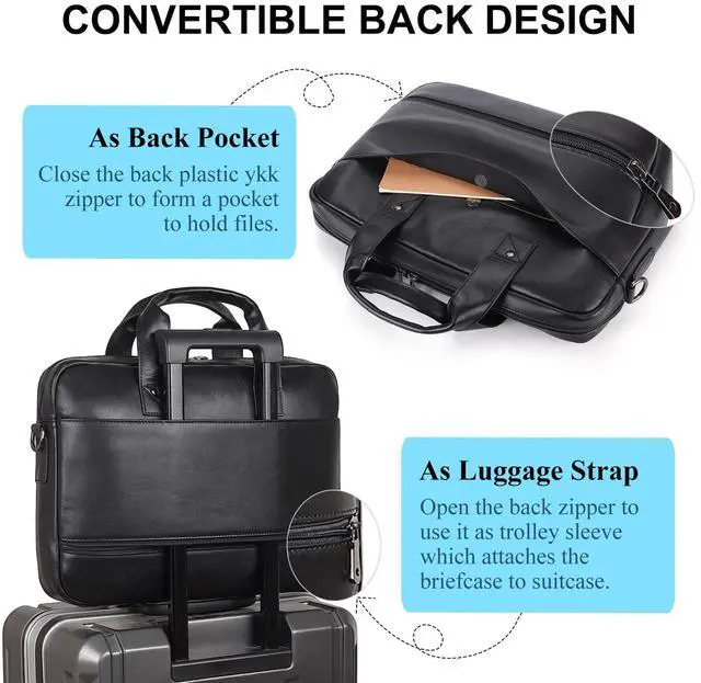 Alt view image 4 of 5 - Masa Kawa Mens Leather Slim Briefcase for 16" Laptop Black Waterproof Crossbody Shoulder Messenger Computer Bag for Business Travel Office Work