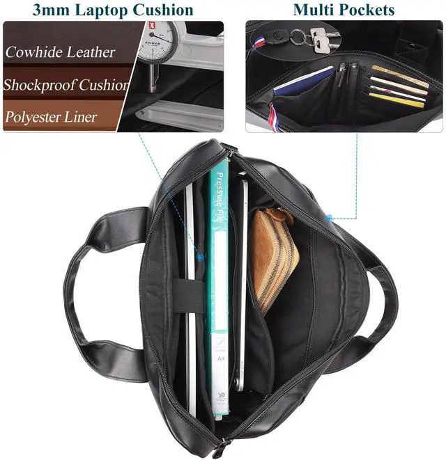 Alt view image 5 of 5 - Masa Kawa Mens Leather Slim Briefcase for 16" Laptop Black Waterproof Crossbody Shoulder Messenger Computer Bag for Business Travel Office Work