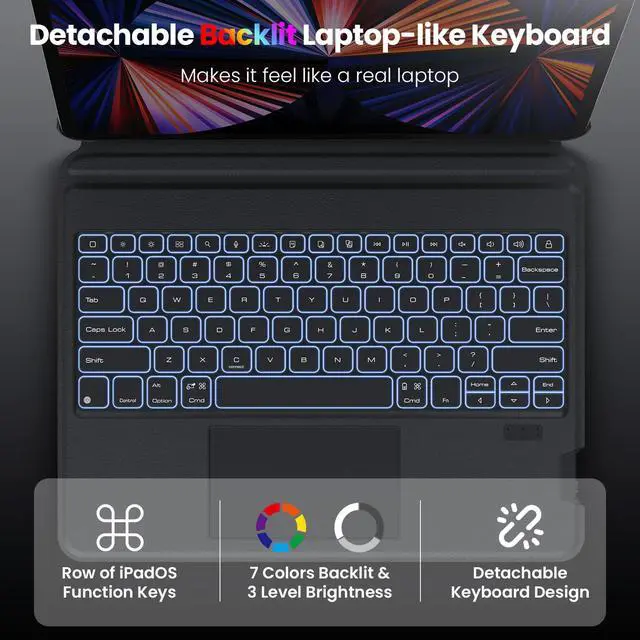 Alt view image 3 of 5 - Nillkin iPad Pro 12.9 inch (6th/5th/4th Gen) Case with Detachable Keyboard, Adhesive Cover with Keyboard, Trackpad, 7-Color Backlit, Adjustable Stand, Magnetic Backplate with iPad Wall Mount, Black