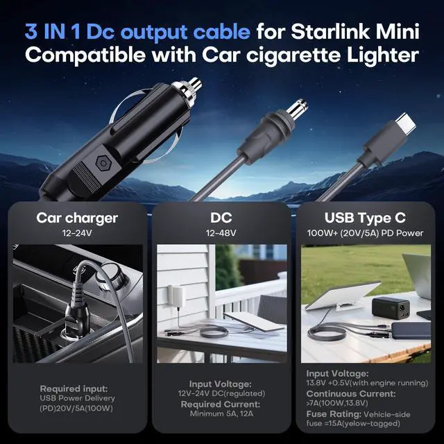 Alt view image 2 of 5 - Edihia Starlink Mini Car Adapter 3-in-1 Cable  USB-C, DC & Cigarette Lighter, Waterproof Replacement for Starlink Mini (10FT)