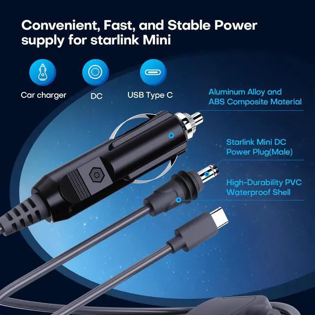 Alt view image 3 of 5 - Edihia Starlink Mini Car Adapter 3-in-1 Cable  USB-C, DC & Cigarette Lighter, Waterproof Replacement for Starlink Mini (10FT)