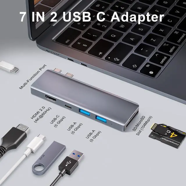 Alt view image 2 of 5 - ZanBix USB C Hub, USB C Adapter, 7 in 2 USB-C Hub for MacBook with Thunderbolt 4, 4K HDMI, Type C, 2 USB A, SD/TF Card Reader, Compatible with MacBook Pro 2016-2024, MacBook Air 2018-2025 (Midnight)