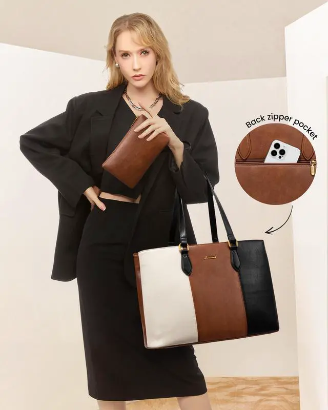 Alt view image 2 of 5 - LOVEVOOK Laptop Bag for Women, 15.6 Inch Waterproof Vintage PU Leather Large Tote Bag with Wristlet, Professional Work Tote for Teacher,Office, Daily