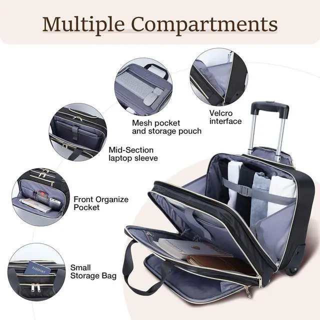 Alt view image 3 of 5 - Lekespring Rolling Laptop Bag, Laptop Briefcase on Wheels for Women Fits Up to 15.6Inch Computer Bags Water Resistant for Work Travel and Business, Black