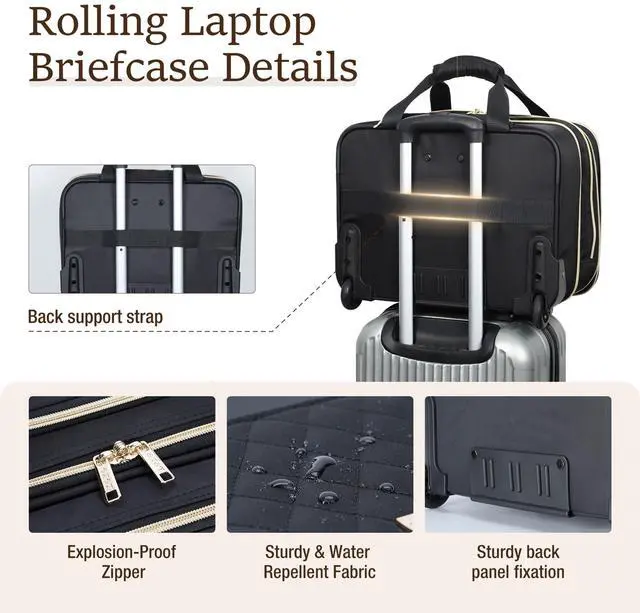 Alt view image 5 of 5 - Lekespring Rolling Laptop Bag, Laptop Briefcase on Wheels for Women Fits Up to 15.6Inch Computer Bags Water Resistant for Work Travel and Business, Black