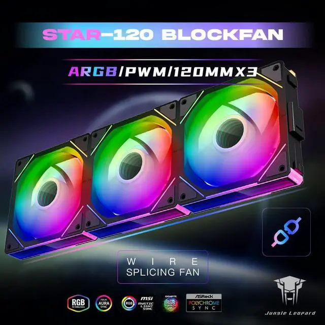 Alt view image 2 of 5 - Jungle Leopard Interstellar V1 120mm Case Fan, Infinity Mirror Module Daisy-Chain 5V ARGB PWM PC Fan Triple Pack Suitable for Computer Case & CPU Cooling(Black-3 Pack)