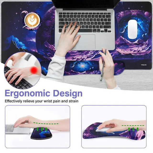 Alt view image 2 of 5 - MOSISO Keyboard Mouse Pad Set, Large Gaming Mousepad&Keyboard Wrist Rest&Mouse Wrist Rest&Coaster, Ergonomic Non-Slip Easy Typing Cushion Pad with Memory Foam for Home Office, Purple Magic Starfield
