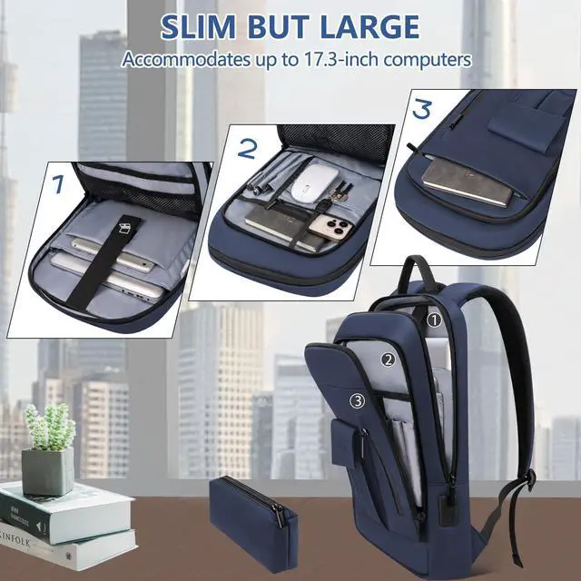 Alt view image 5 of 5 - Business Backpack for Men Slim Lightweight Laptop Backpack for 17.3 Inch Computer Water Resistant Small Office Backpack for Commute Travel Daily Office Work with Small Bag (Blue)