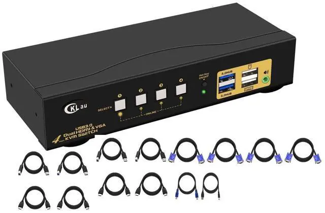Main image of CKLau 4x2 USB 3.0 VGA + HDMI KVM Switch 2 Monitors 4K@60Hz with Cables and Audio, PCs Monitor Keyboard Video Mouse Peripherals Sharing Box