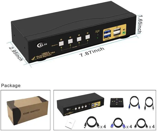 Alt view image 5 of 5 - CKLau 4x2 USB 3.0 VGA + HDMI KVM Switch 2 Monitors 4K@60Hz with Cables and Audio, PCs Monitor Keyboard Video Mouse Peripherals Sharing Box