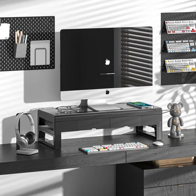 Alt view image 2 of 5 - Computer monitor stand with 2 drawer Laptop Desk Shelf & Monitor Riser ,22W charging , 2 USB 3.0 , and 1 USB 2.021.6 inches long desk riser Monitors/PC/Laptop/Computer Space Saver Organizer Heavy D