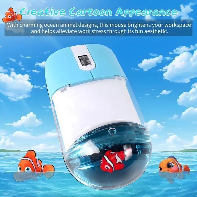 Alt view image 2 of 5 - Wireless Mouse -Cute Clear Aqua Design, Water Mouse with Optical Precision, Silent Clicks, Lightweight & Floating Animal Transparent Retro Style for Home Office, Great for Kids & Adult(Fish-Blue)