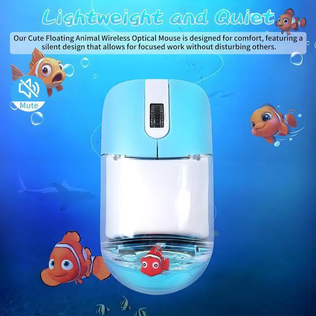 Alt view image 3 of 5 - Wireless Mouse -Cute Clear Aqua Design, Water Mouse with Optical Precision, Silent Clicks, Lightweight & Floating Animal Transparent Retro Style for Home Office, Great for Kids & Adult(Fish-Blue)