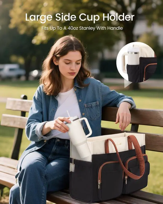 Alt view image 2 of 5 - LOVEVOOK Teacher Tote Bag for Women, Multi-pocket Laptop Bag with Large Cup Holder, Nurse Bags Work Briefcase Computer Purse Handbag for Business Office College Travel