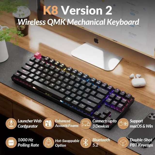 Alt view image 2 of 5 - Keychron K8 V2 Wireless RGB Mechanical Keyboard, QMK/VIA Programmable, Hot-Swappable Super Red Switches, 87-Key TKL PBT Keycaps, Dual-Mode Bluetooth 5.2 & USB-C Wired, for Mac, Windows, Linux