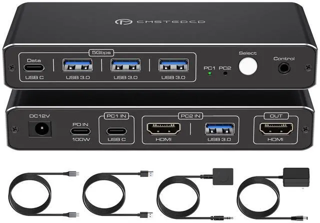 Main image of KVM Switch 1 Monitors 2 Computers 4K@60Hz USB C HDMI KVM Switch 2 Port for 1 Laptop 1 Desktop Share 1 Monitor Keyboard Mouse Hard Drives Printer Support 100W Charging for Laptop