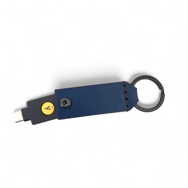 Alt view image 5 of 5 - Leather Case for YubiKey 5 NFC and 5C NFC, Protector Yubico, Flip Cover Security Key, Keychain Holder with Metal Ring, 9 colors (Navy Blue)