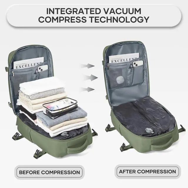 Alt view image 3 of 5 - Vacuum Compression Backpack, Travel Vacuum Backpack with Electric Vacpack Pump, Flight Approved Carry On Personal Item Suitcase Luggage for Men Women, Green