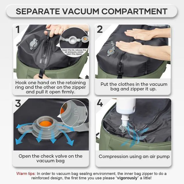 Alt view image 5 of 5 - Vacuum Compression Backpack, Travel Vacuum Backpack with Electric Vacpack Pump, Flight Approved Carry On Personal Item Suitcase Luggage for Men Women, Green