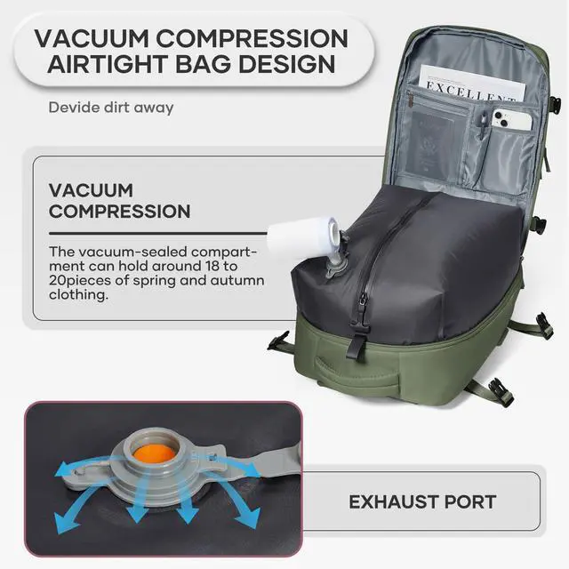 Alt view image 4 of 5 - Vacuum Compression Backpack, Travel Vacuum Backpack with Electric Vacpack Pump, Flight Approved Carry On Personal Item Suitcase Luggage for Men Women, Green